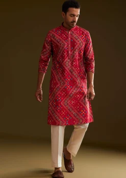 Red Silk Bandhani Printed Kurta Set
