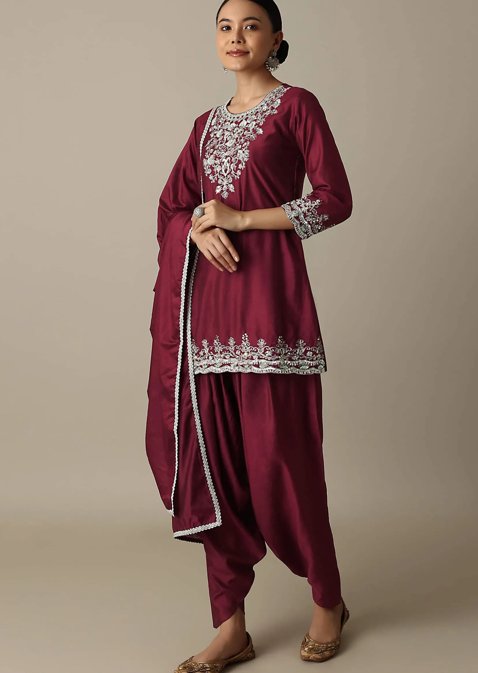 Red Silk Embroidery Kurta Set With Salwar And Dupatta