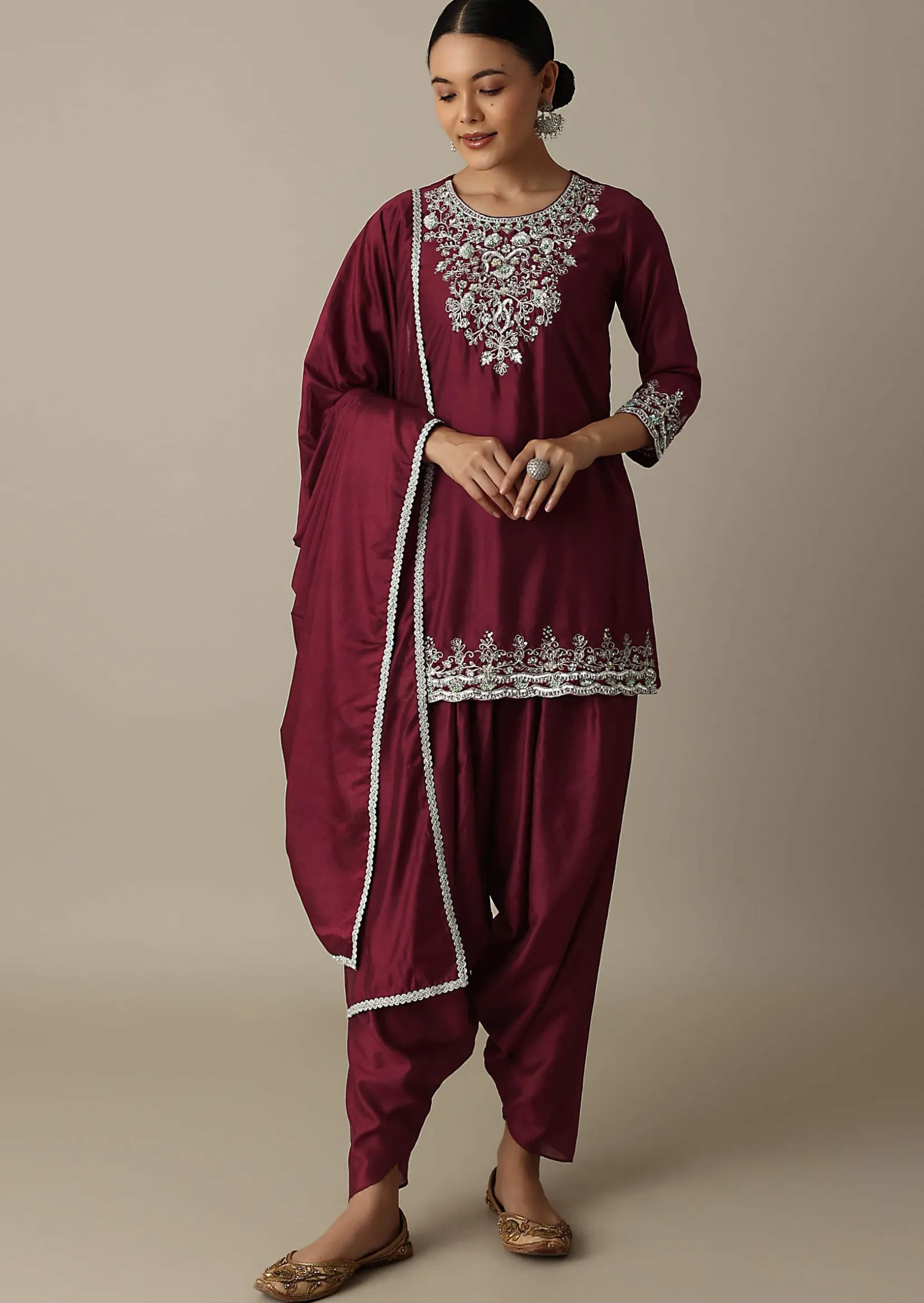 Red Silk Embroidery Kurta Set With Salwar And Dupatta