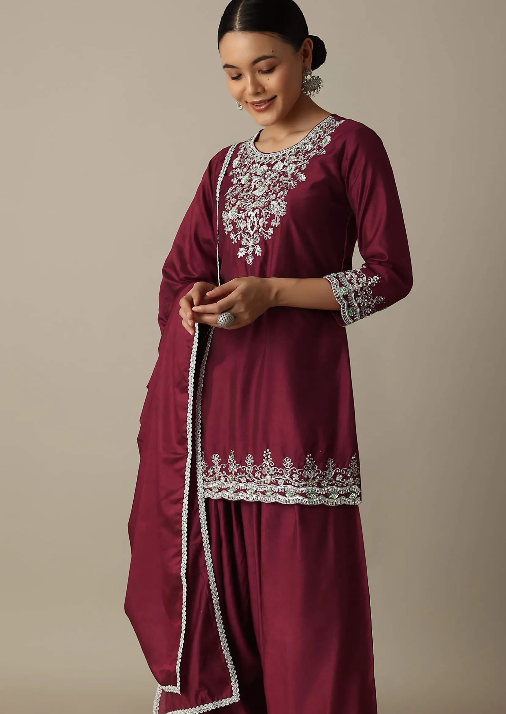 Red Silk Embroidery Kurta Set With Salwar And Dupatta