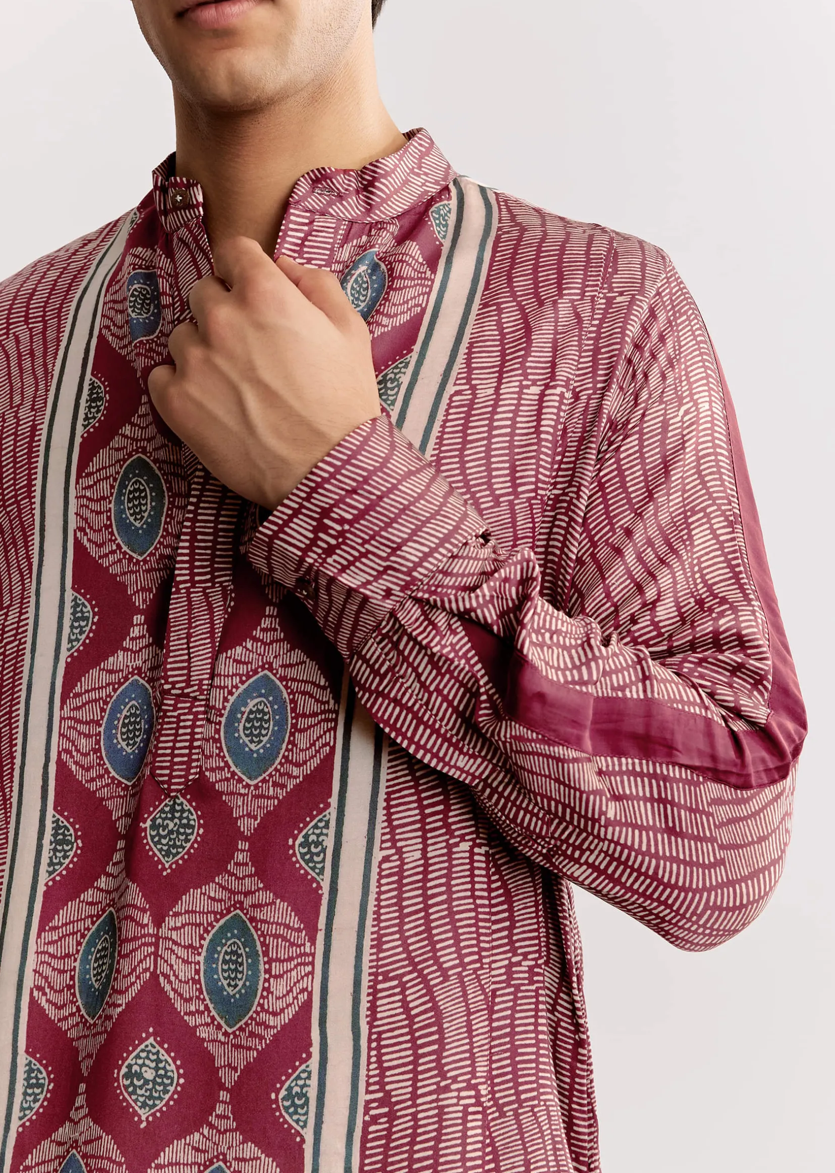 Red Silk Kurta Jacket Set With Ajrakh Print