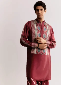 Red Silk Kurta Set With Ajrakh Print