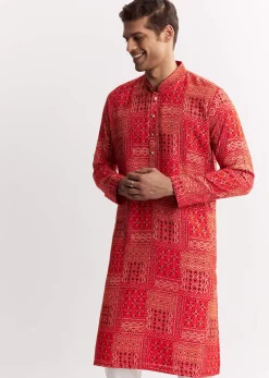 Red Silk Kurta Set With Mandarin Collar