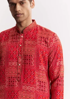 Red Silk Kurta Set With Mandarin Collar