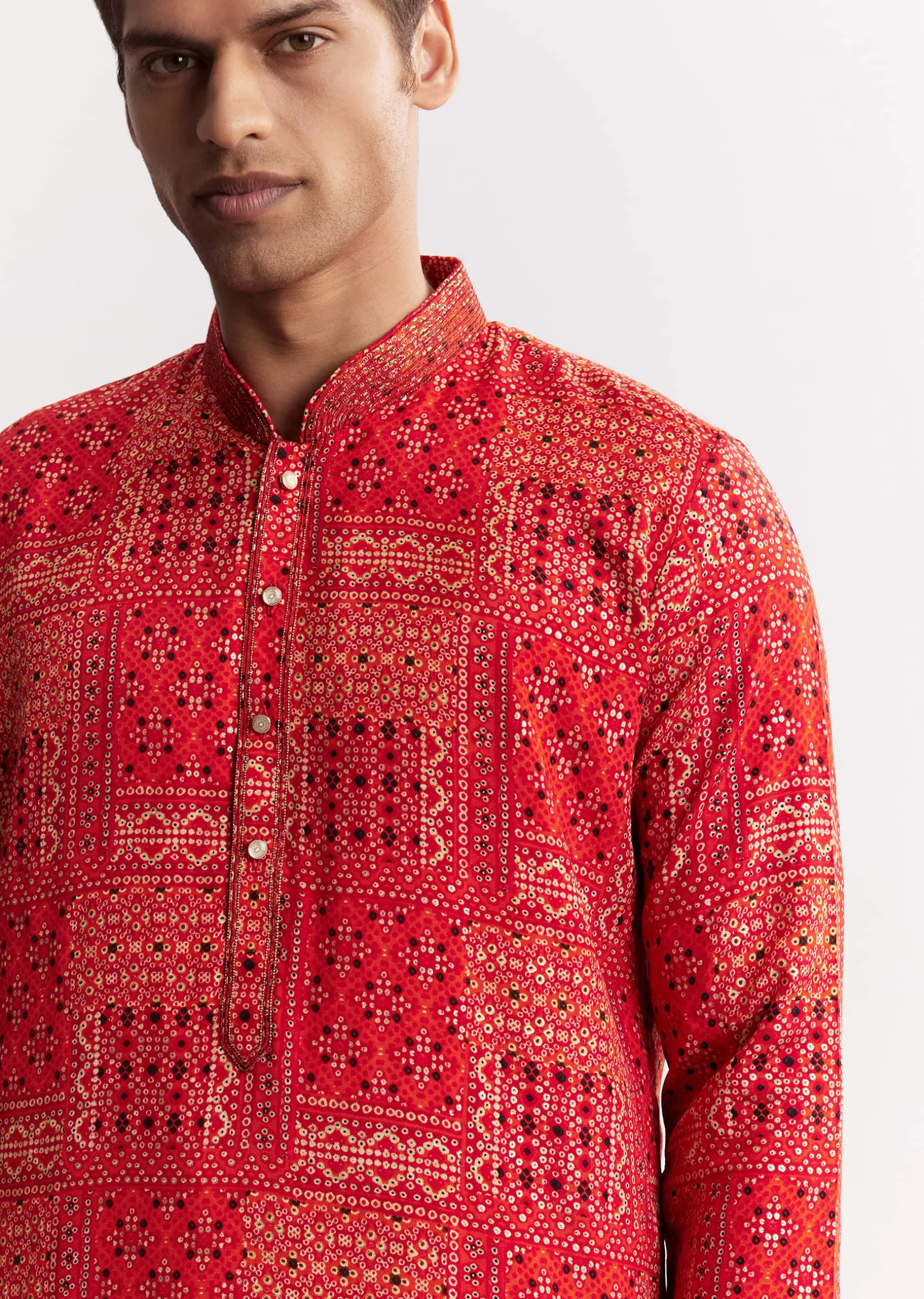Red Silk Kurta Set With Mandarin Collar