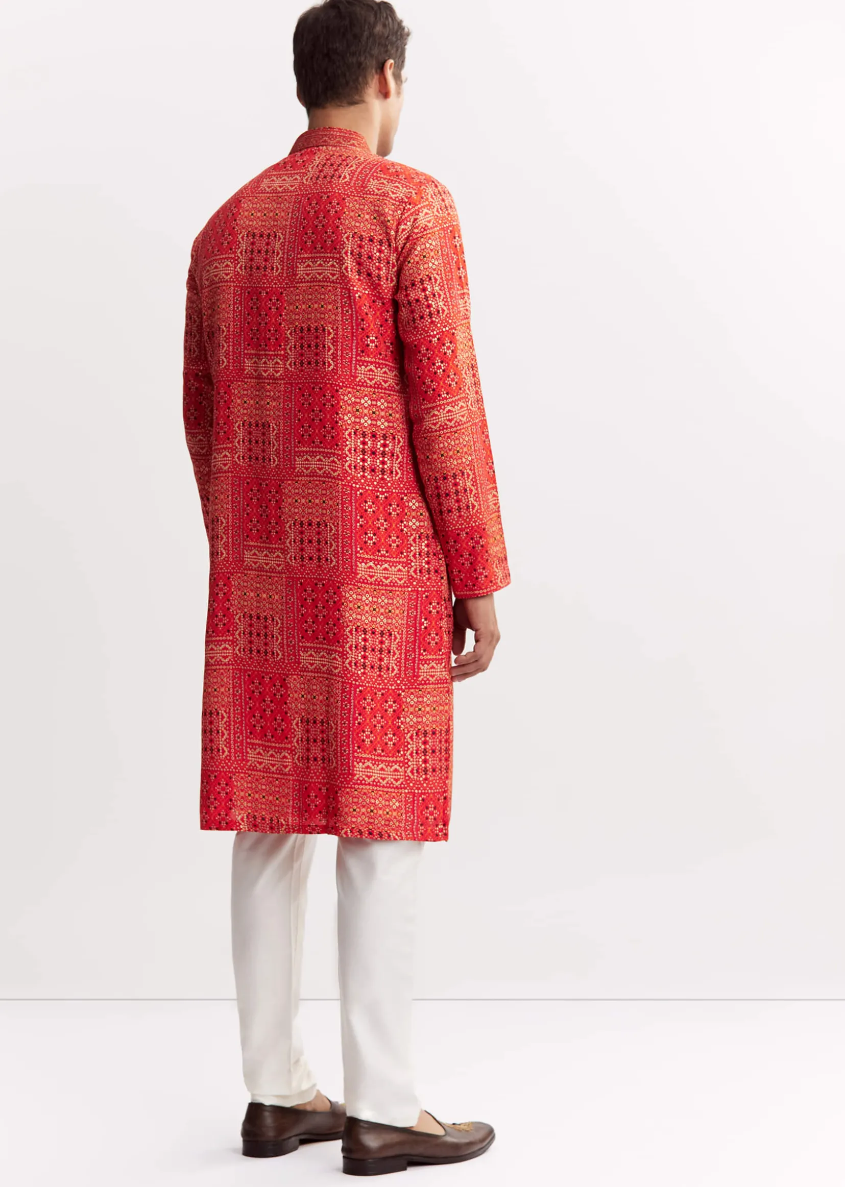 Red Silk Kurta Set With Mandarin Collar
