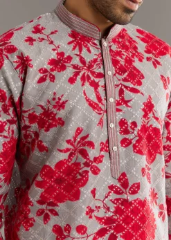 Red Silk Kurta Set With Stone Embellishment