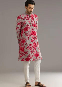 Red Silk Kurta Set With Stone Embellishment
