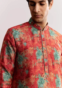 Red Silk Kurta Set With Sequins Embroidery
