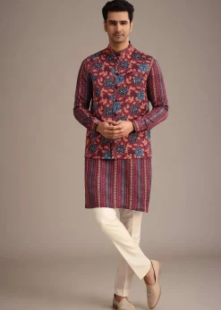 Red Silk Printed Jacket And Kurta Set
