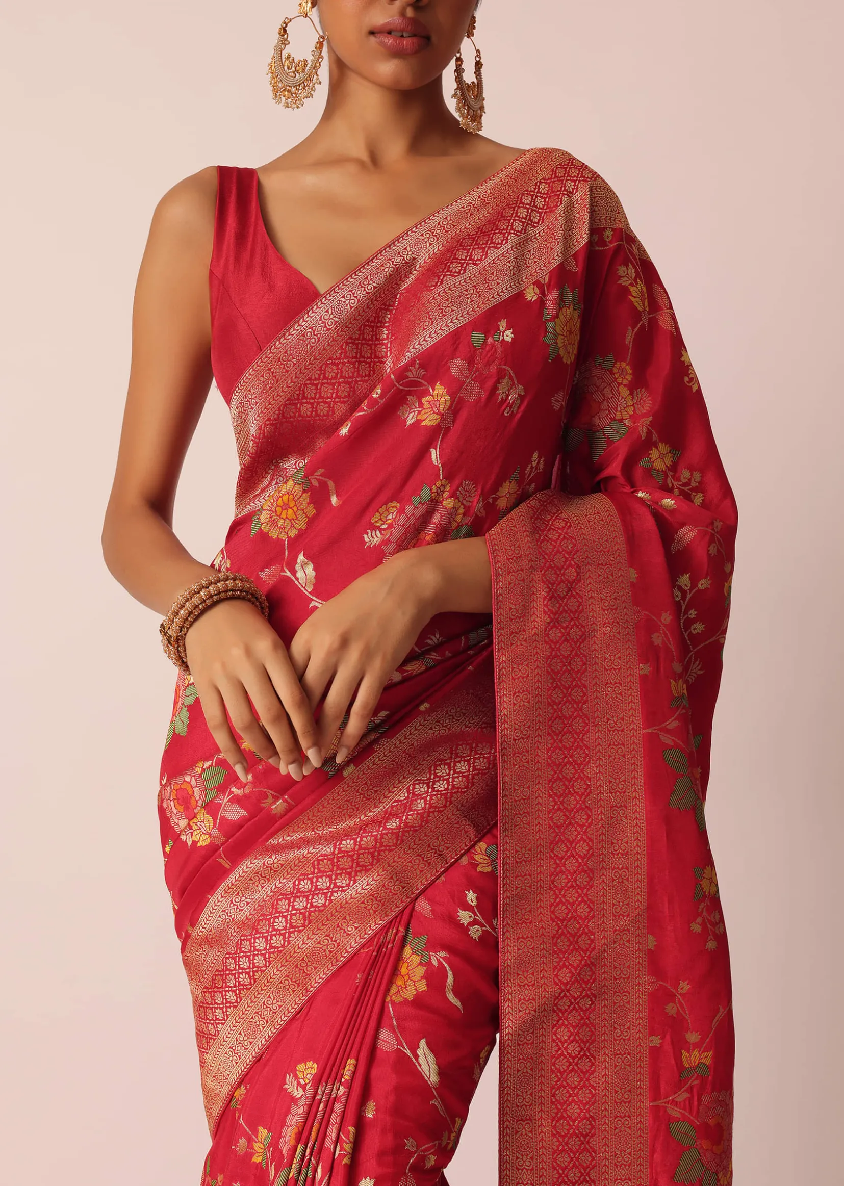 Red Silk Saree With Floral Meenakari Work And Unstitched Blouse Piece