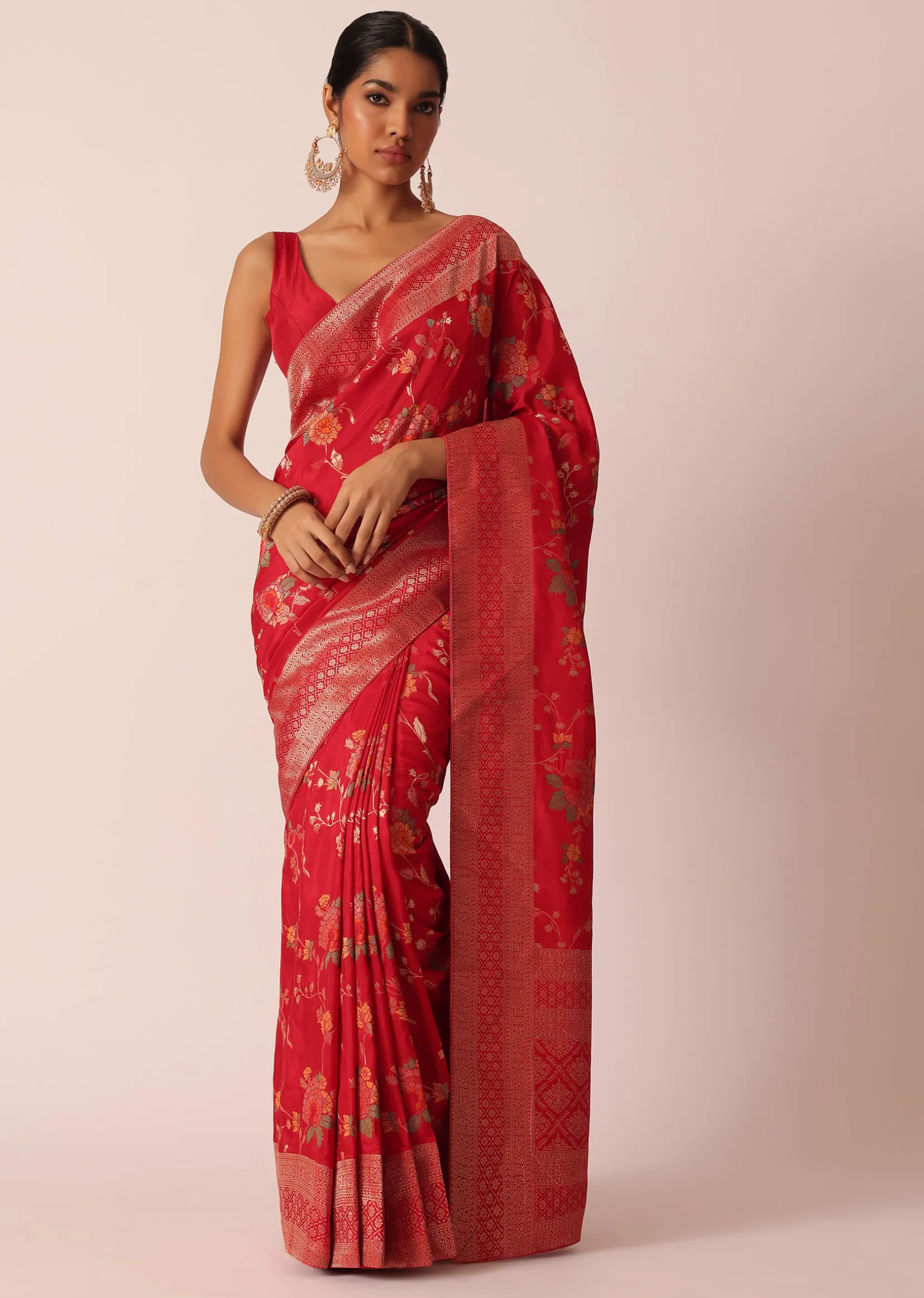 Red Silk Saree With Floral Meenakari Work And Unstitched Blouse Piece