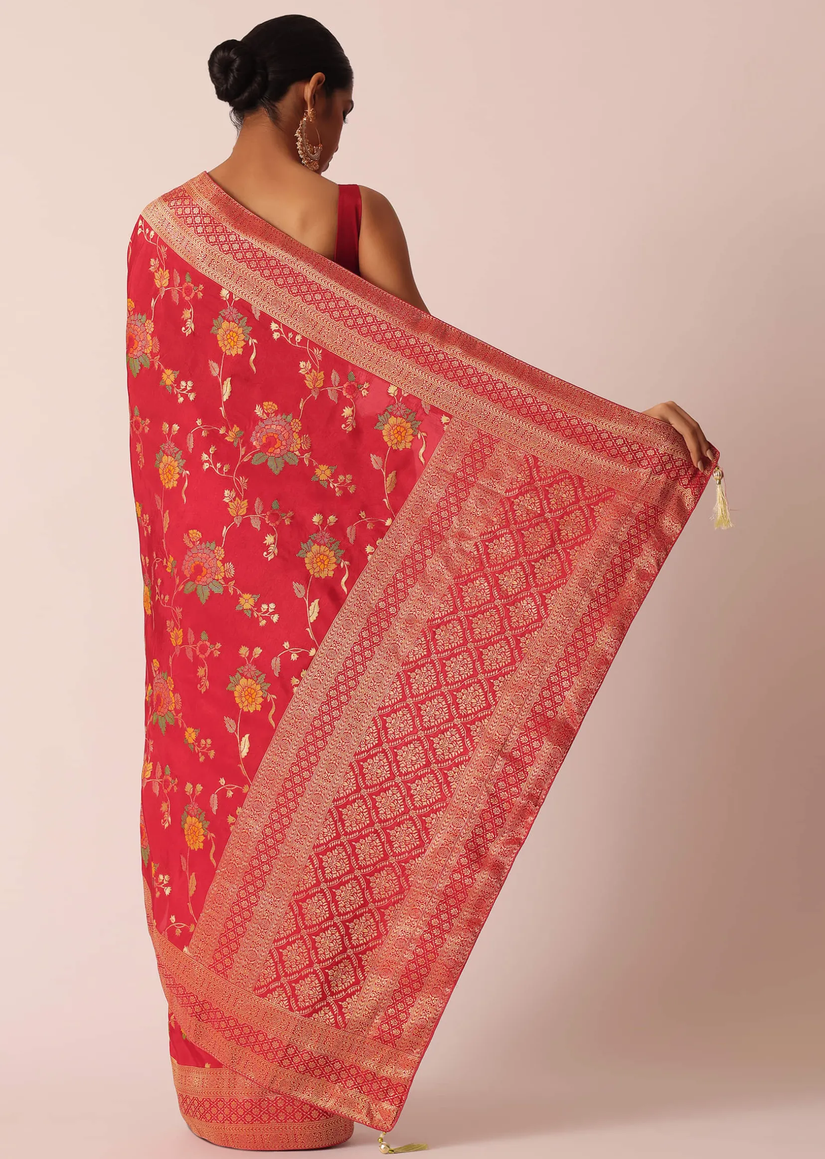 Red Silk Saree With Floral Meenakari Work And Unstitched Blouse Piece