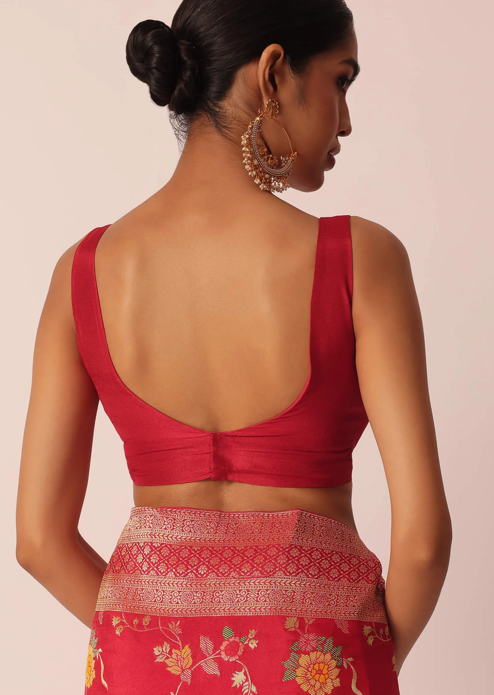 Red Silk Saree With Floral Meenakari Work And Unstitched Blouse Piece