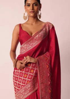 Red Silk Woven Saree With Bandhani Detail And Unstitched Blouse Piece