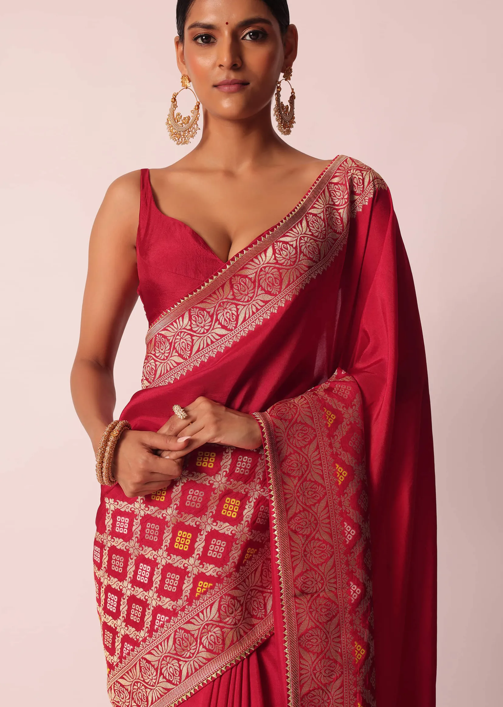 Red Silk Woven Saree With Bandhani Detail And Unstitched Blouse Piece