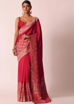 Red Silk Woven Saree With Bandhani Detail And Unstitched Blouse Piece