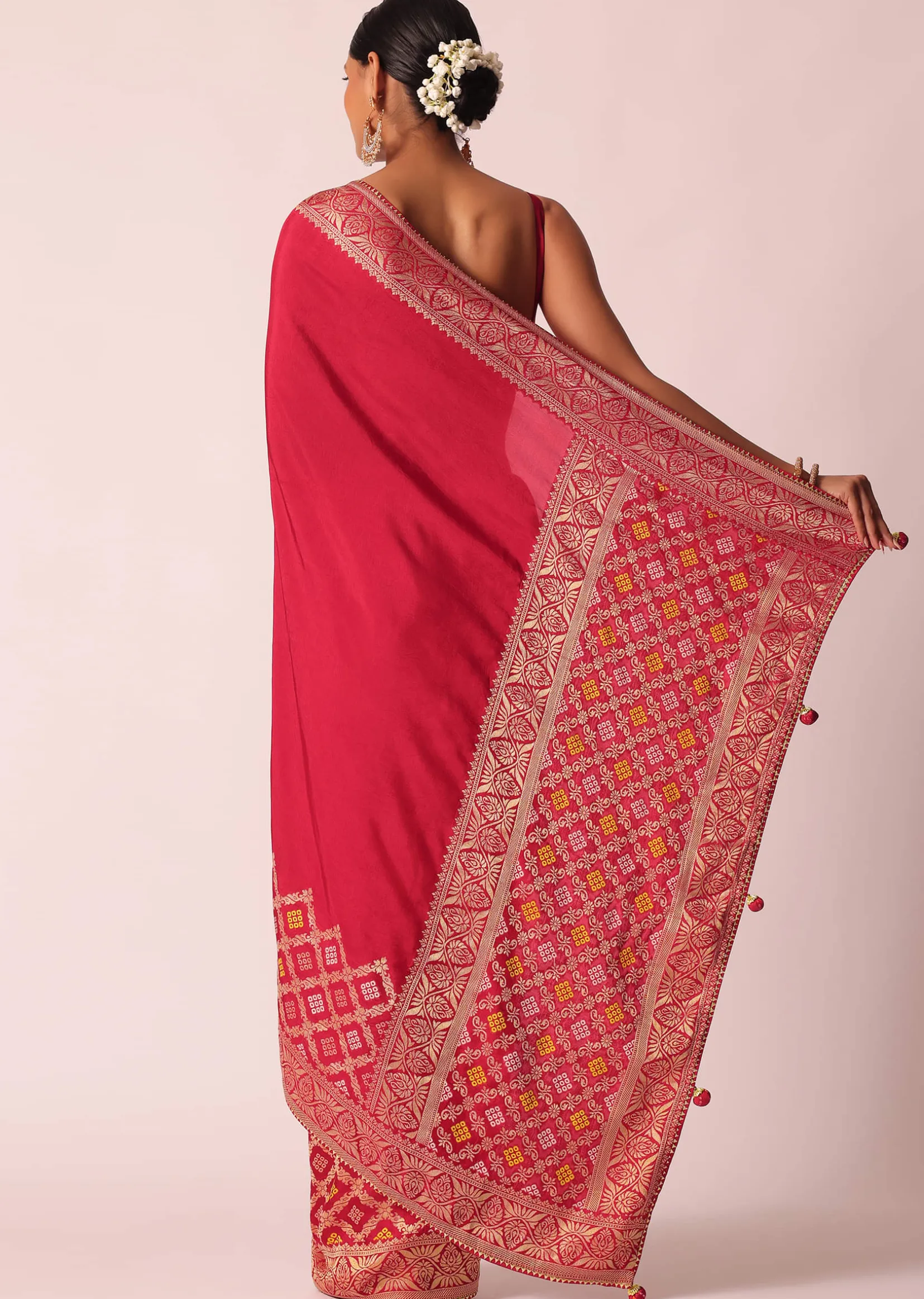 Red Silk Woven Saree With Bandhani Detail And Unstitched Blouse Piece