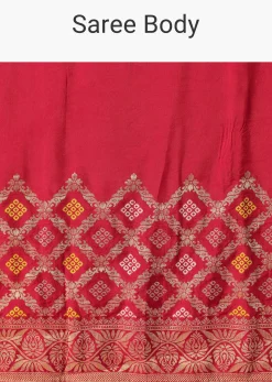 Red Silk Woven Saree With Bandhani Detail And Unstitched Blouse Piece