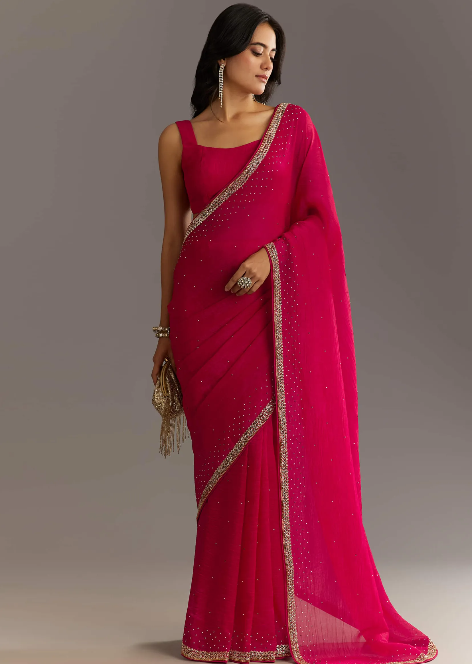 Red Stone Embellished Crushed Tissue Saree With Cutdana Embroidered Border