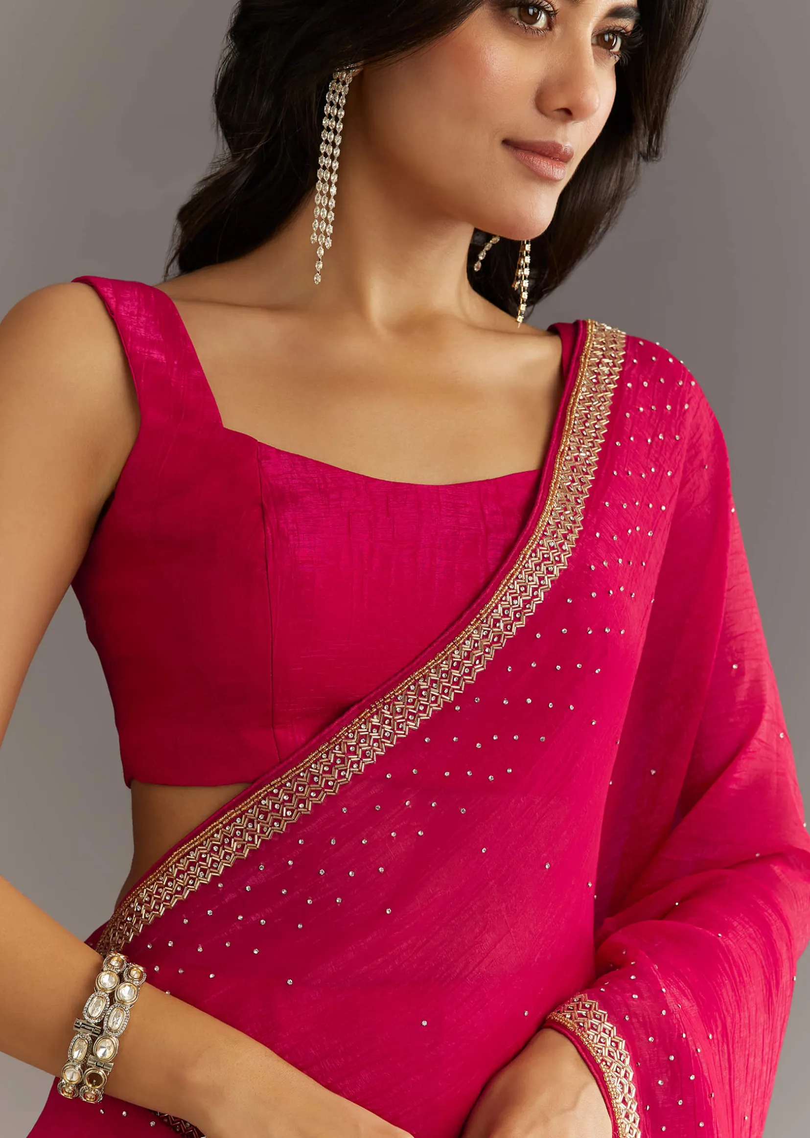 Red Stone Embellished Crushed Tissue Saree With Cutdana Embroidered Border