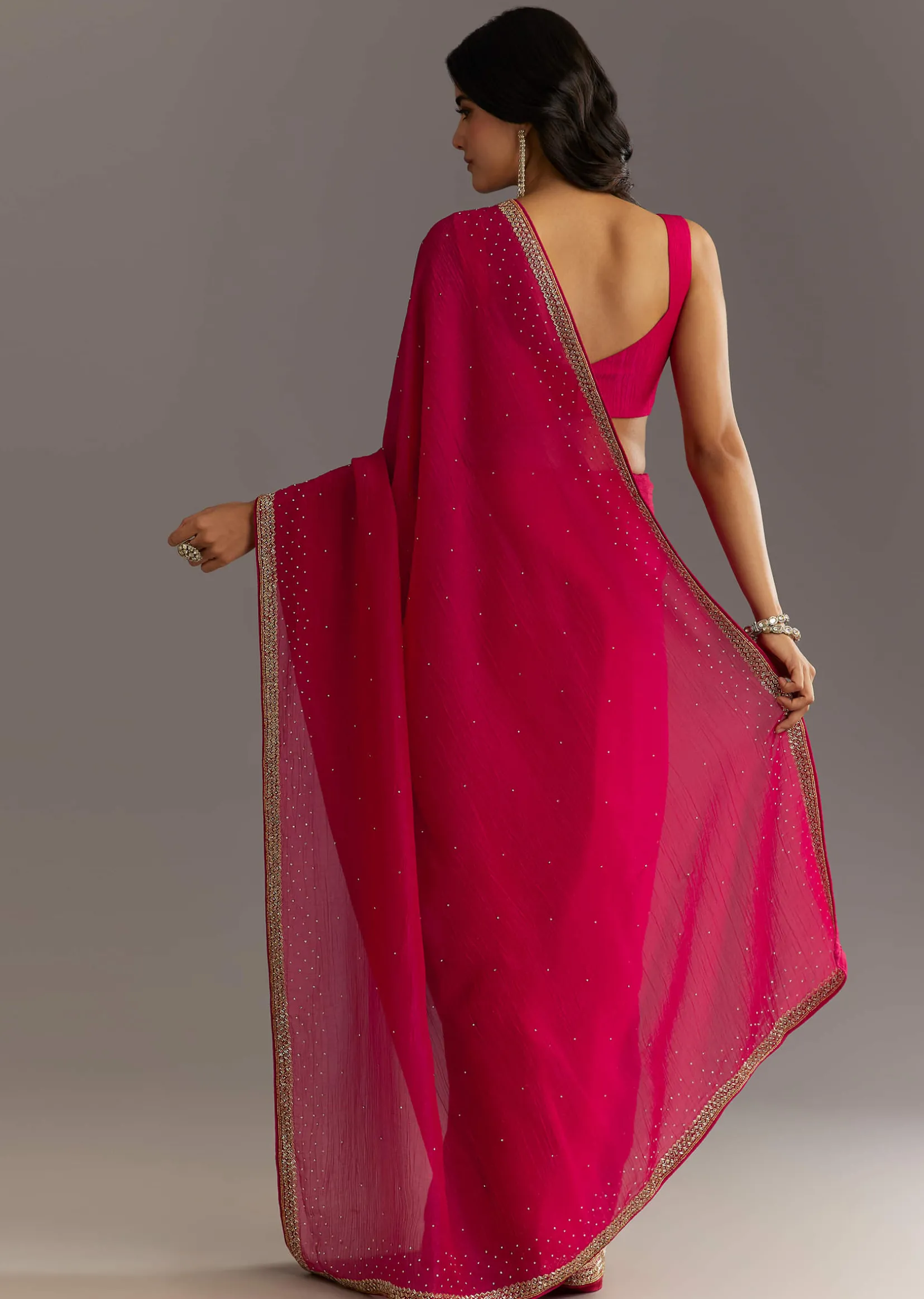 Red Stone Embellished Crushed Tissue Saree With Cutdana Embroidered Border