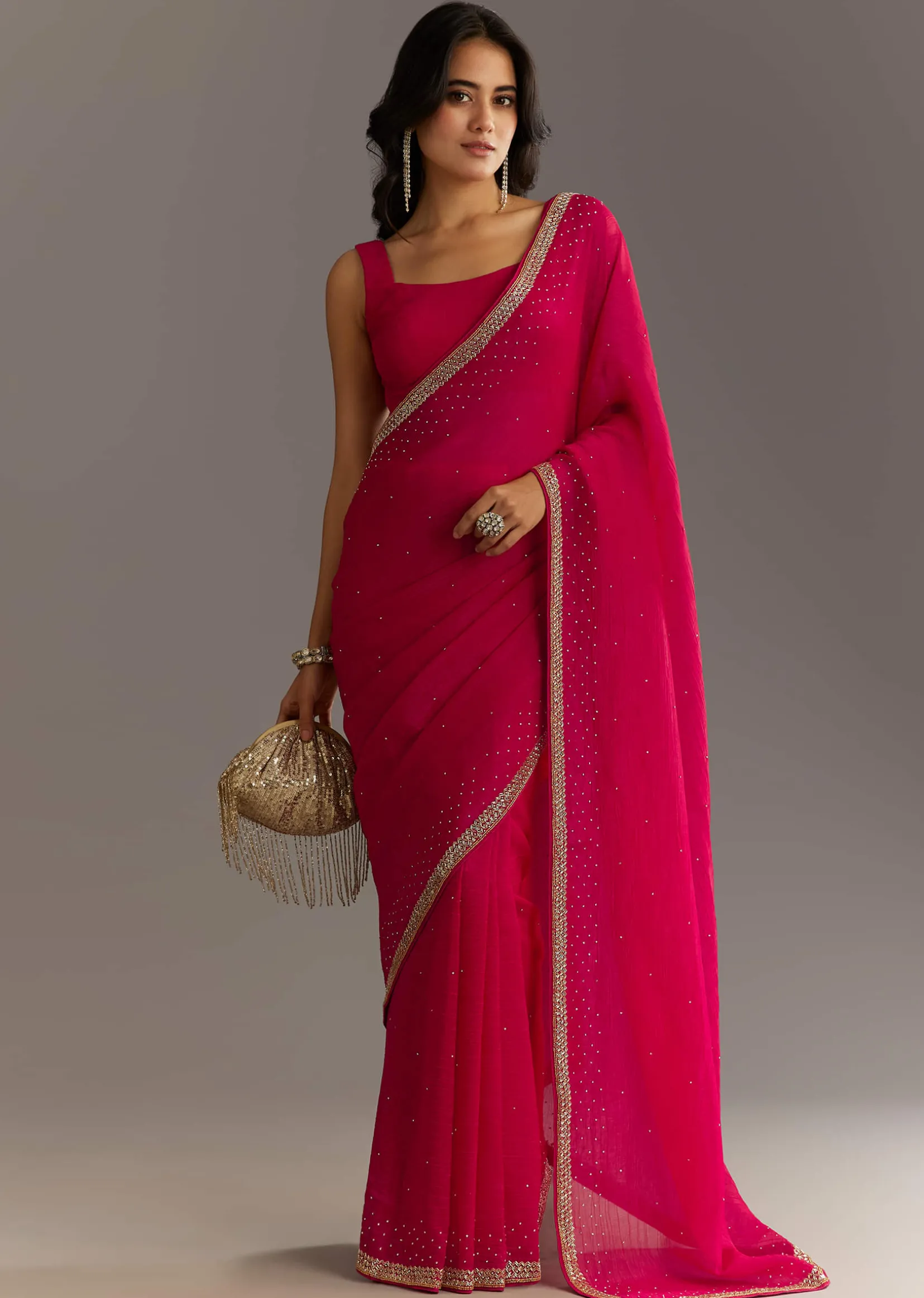 Red Stone Embellished Crushed Tissue Saree With Cutdana Embroidered Border