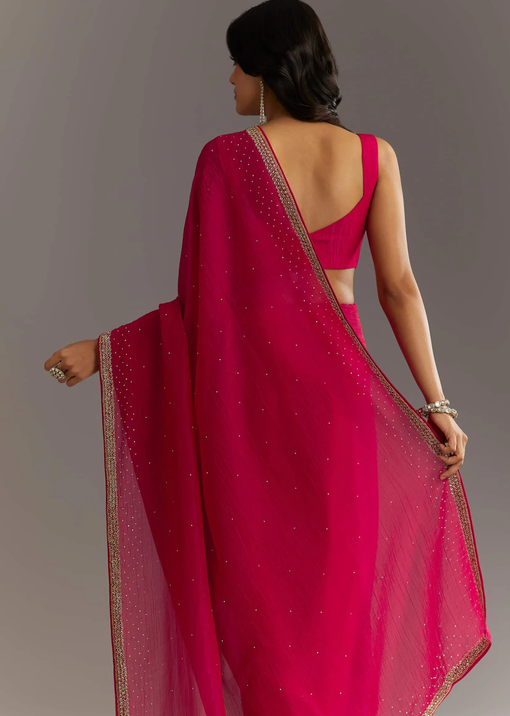 Red Stone Embellished Crushed Tissue Saree With Cutdana Embroidered Border