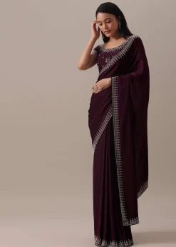Red Stone Embellished Saree In Satin