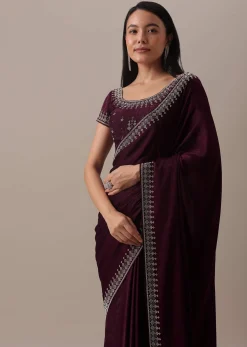 Red Stone Embellished Saree In Satin