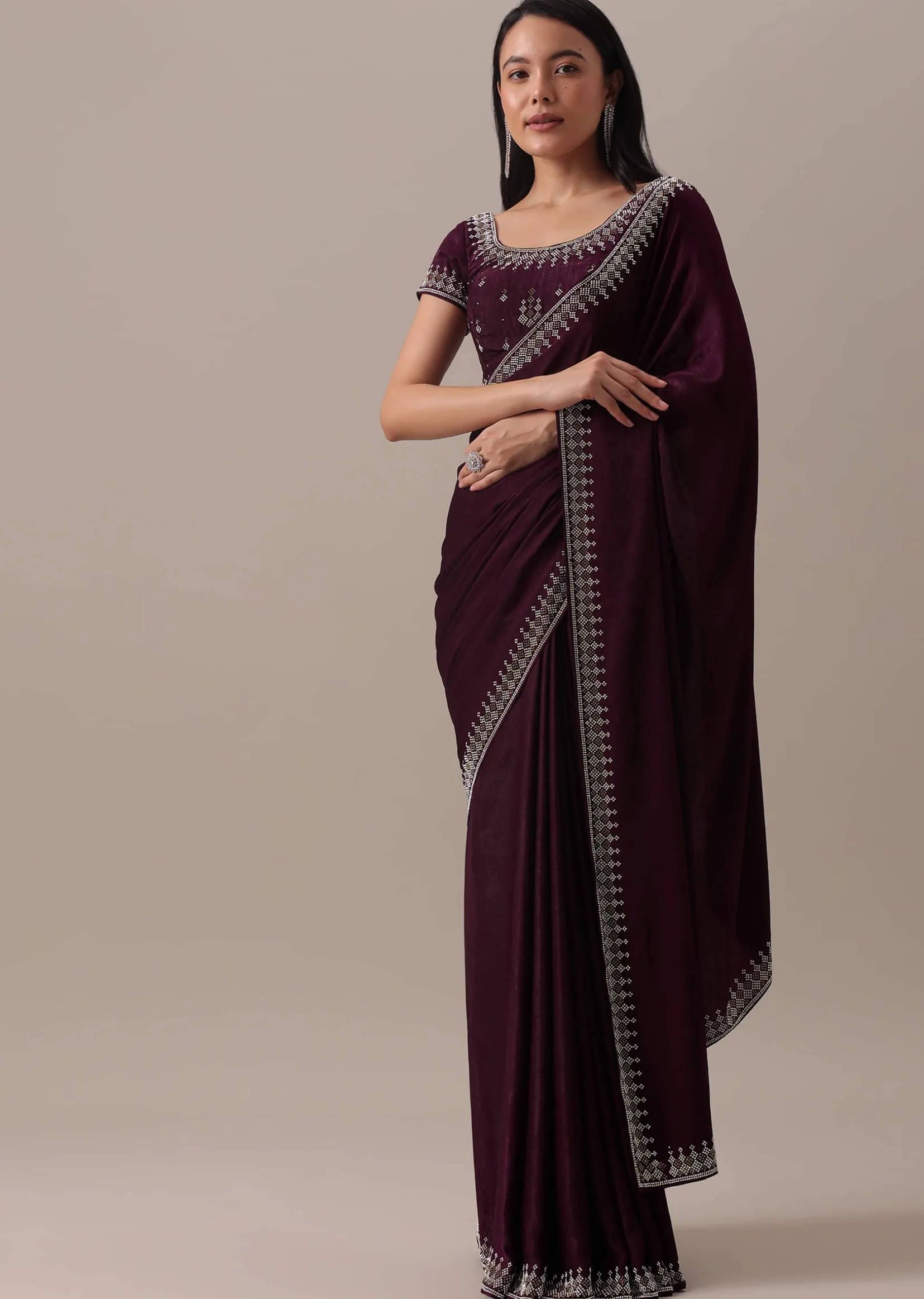 Red Stone Embellished Saree In Satin