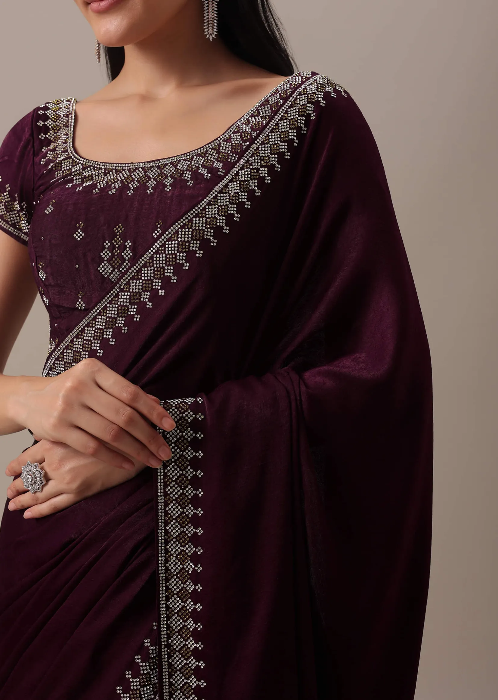 Red Stone Embellished Saree In Satin