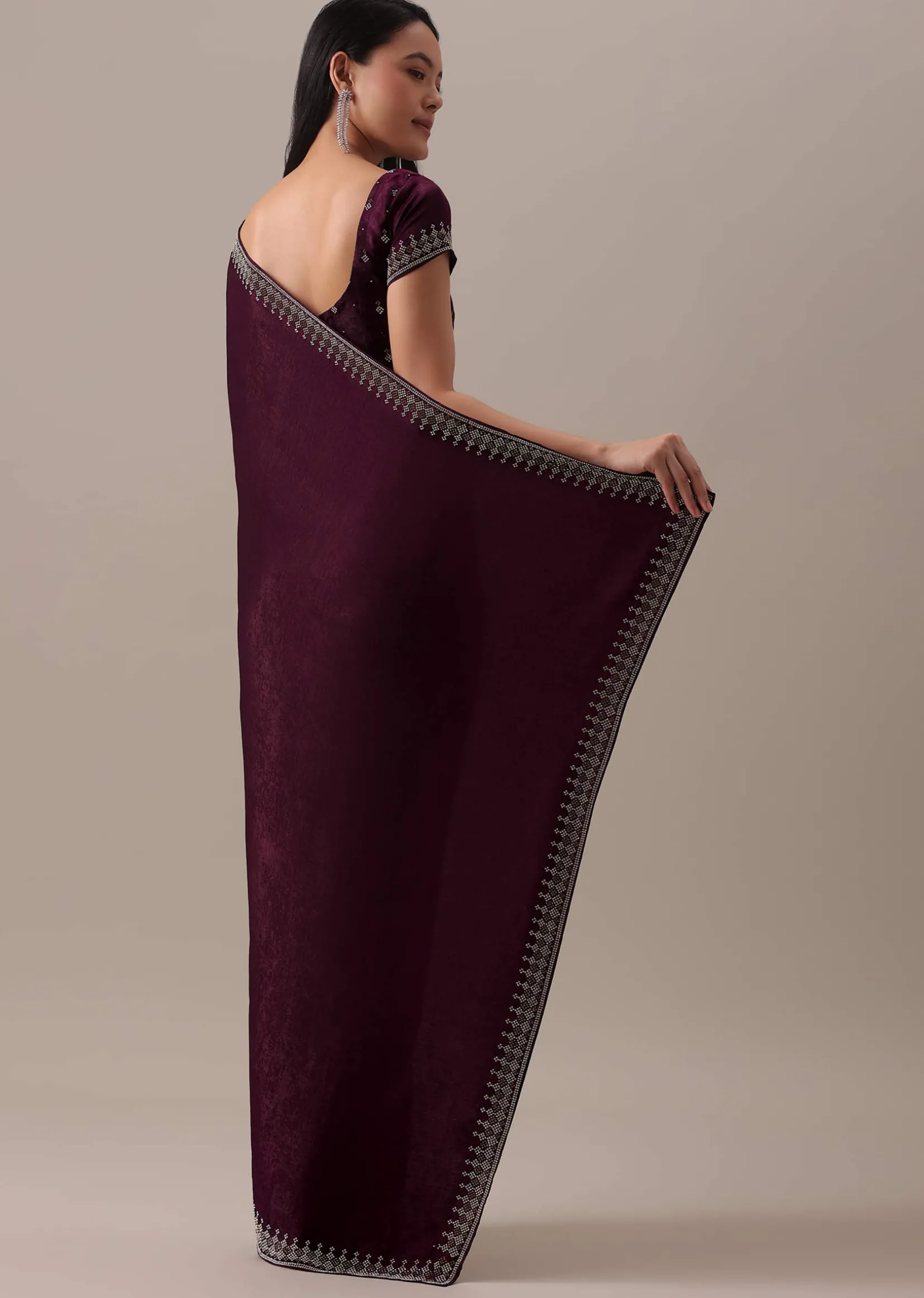 Red Stone Embellished Saree In Satin