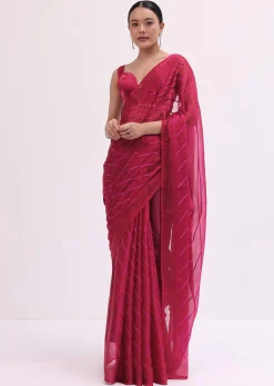 Red Stone Embroidered Saree With Unstitched Blouse