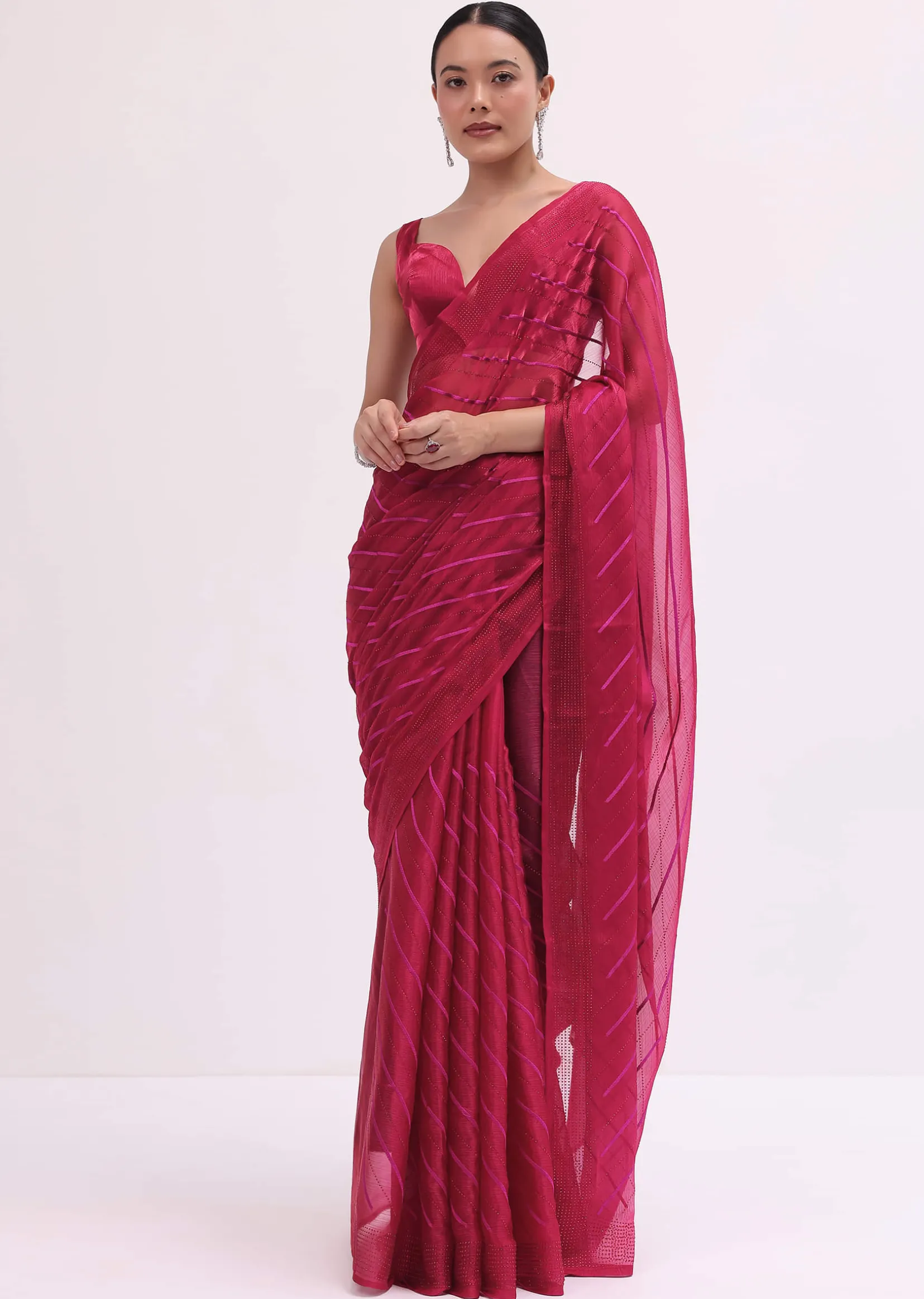 Red Stone Embroidered Saree With Unstitched Blouse