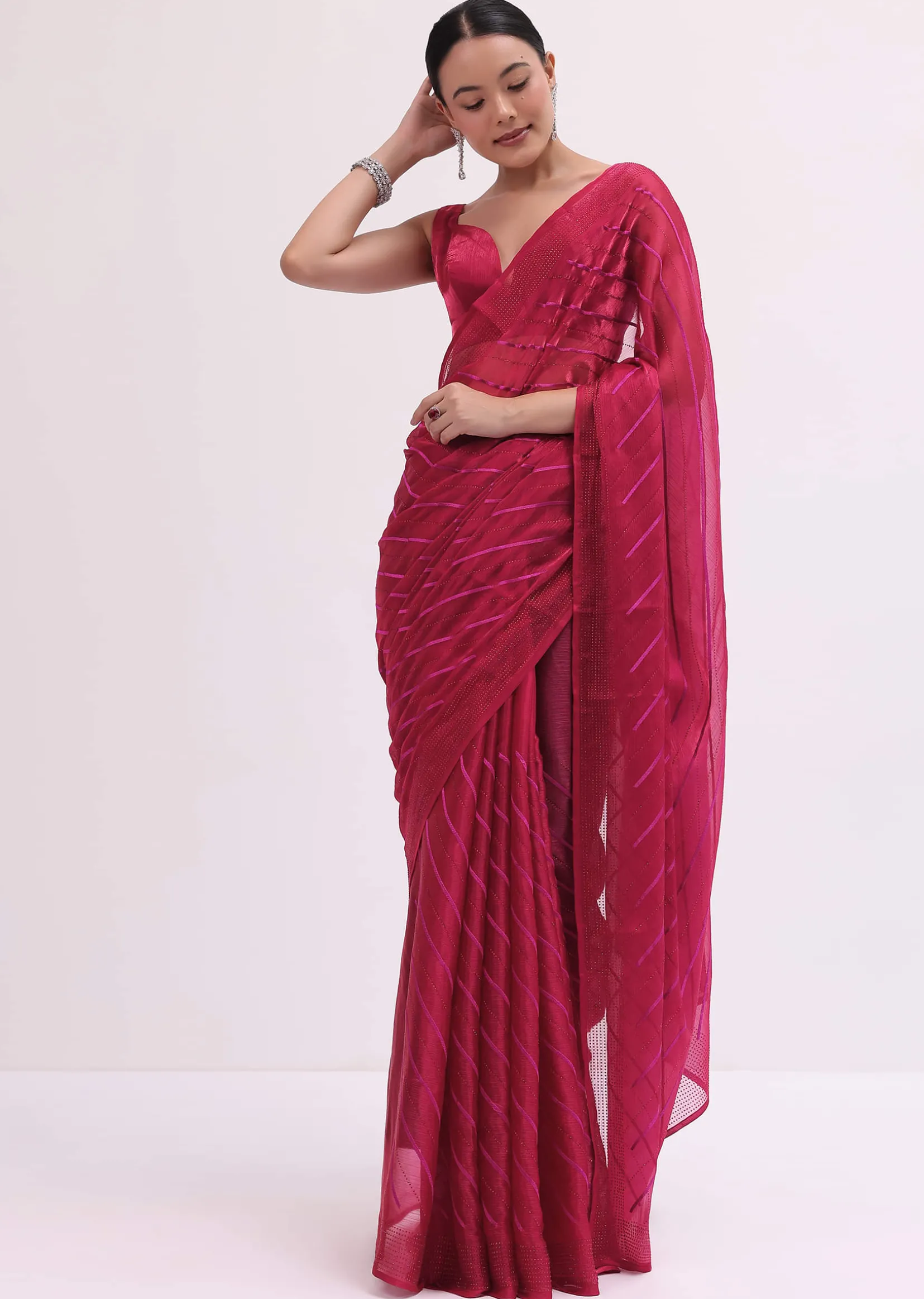 Red Stone Embroidered Saree With Unstitched Blouse