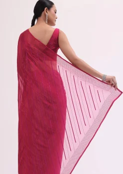 Red Stone Embroidered Saree With Unstitched Blouse