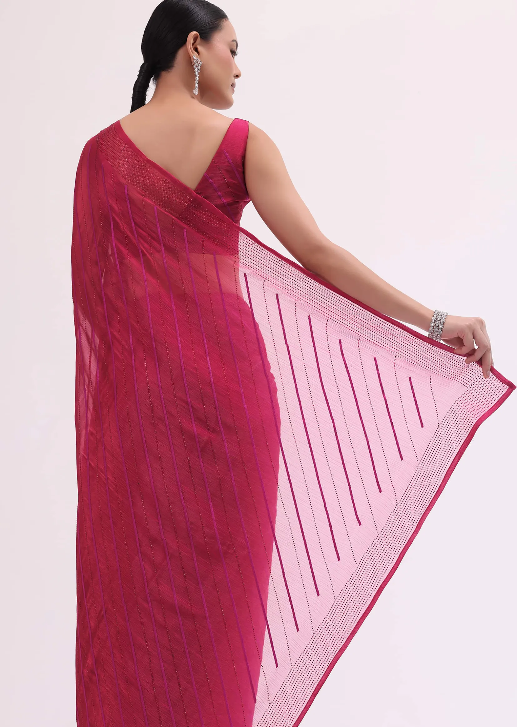 Red Stone Embroidered Saree With Unstitched Blouse