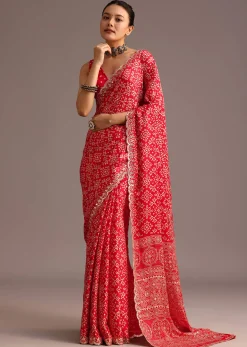 Red Traditional Ajrakh Print Satin Saree With Embellished Scallop Border And Unstitched Blouse