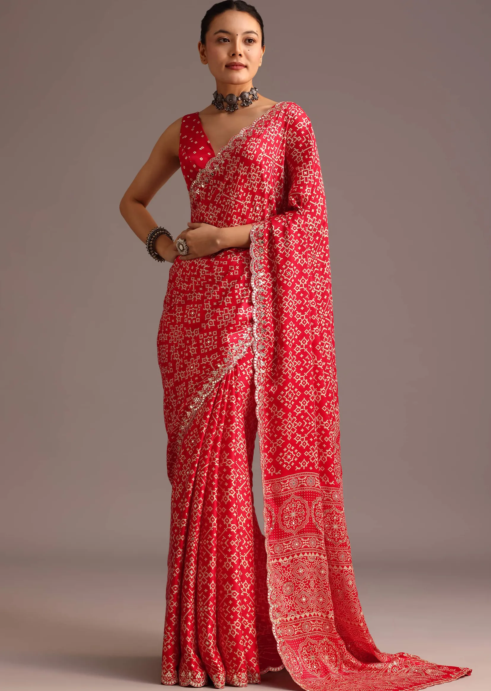 Red Traditional Ajrakh Print Satin Saree With Embellished Scallop Border And Unstitched Blouse