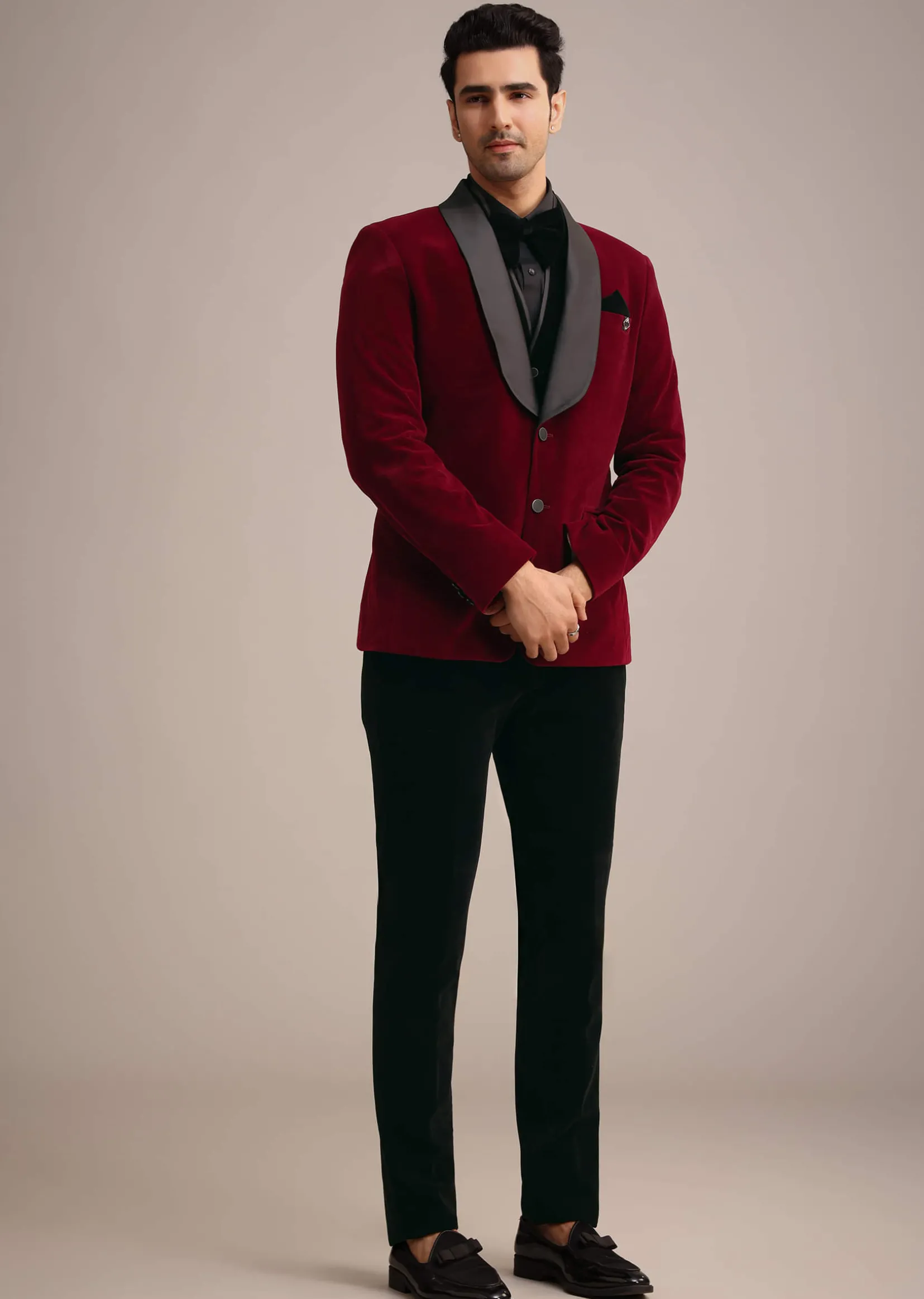 Red Tuxedo Set In Micro Velvet