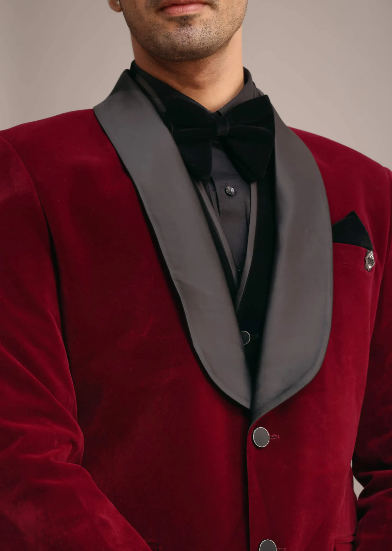Red Tuxedo Set In Micro Velvet