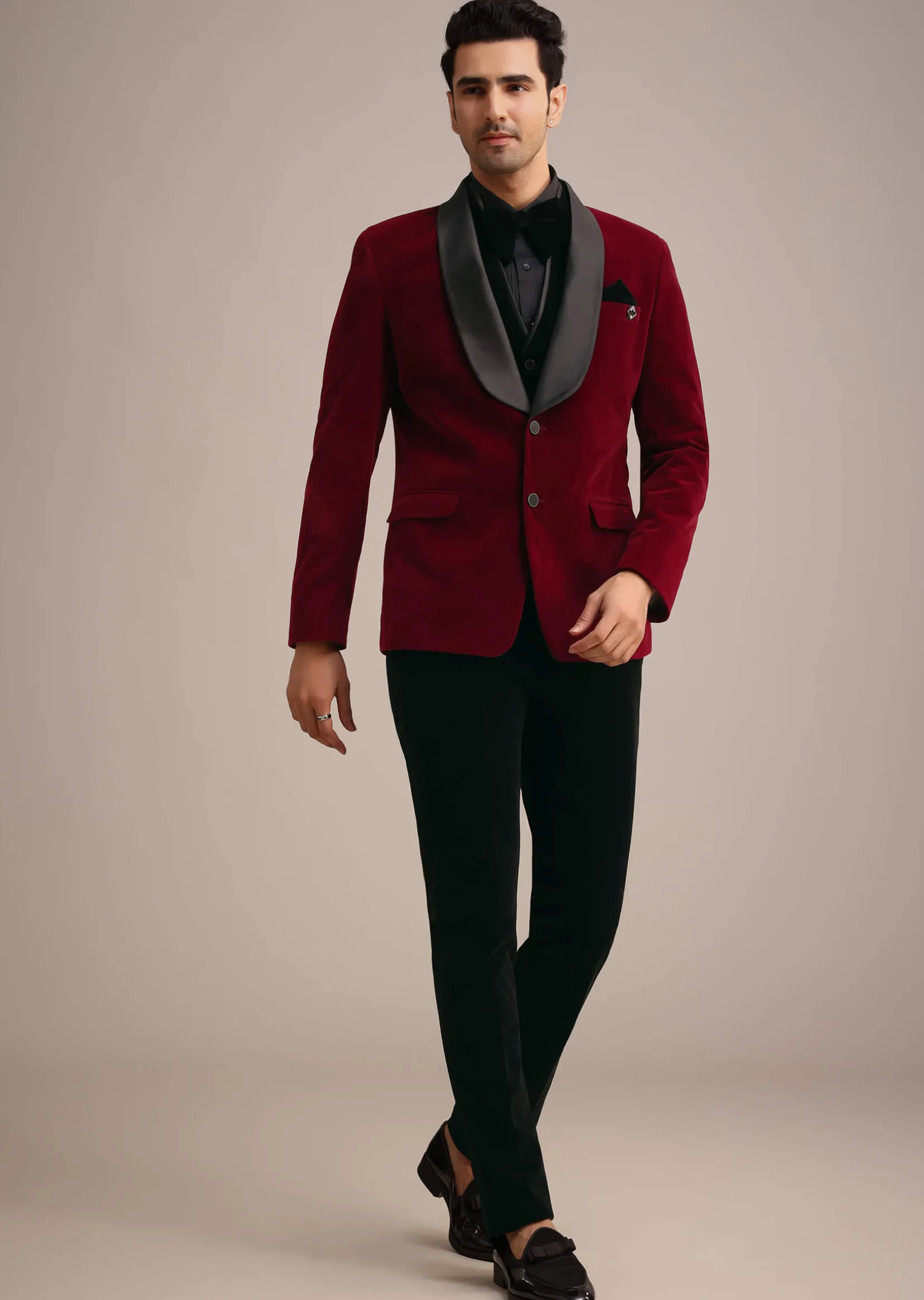 Red Tuxedo Set In Micro Velvet
