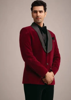Red Tuxedo Set In Micro Velvet