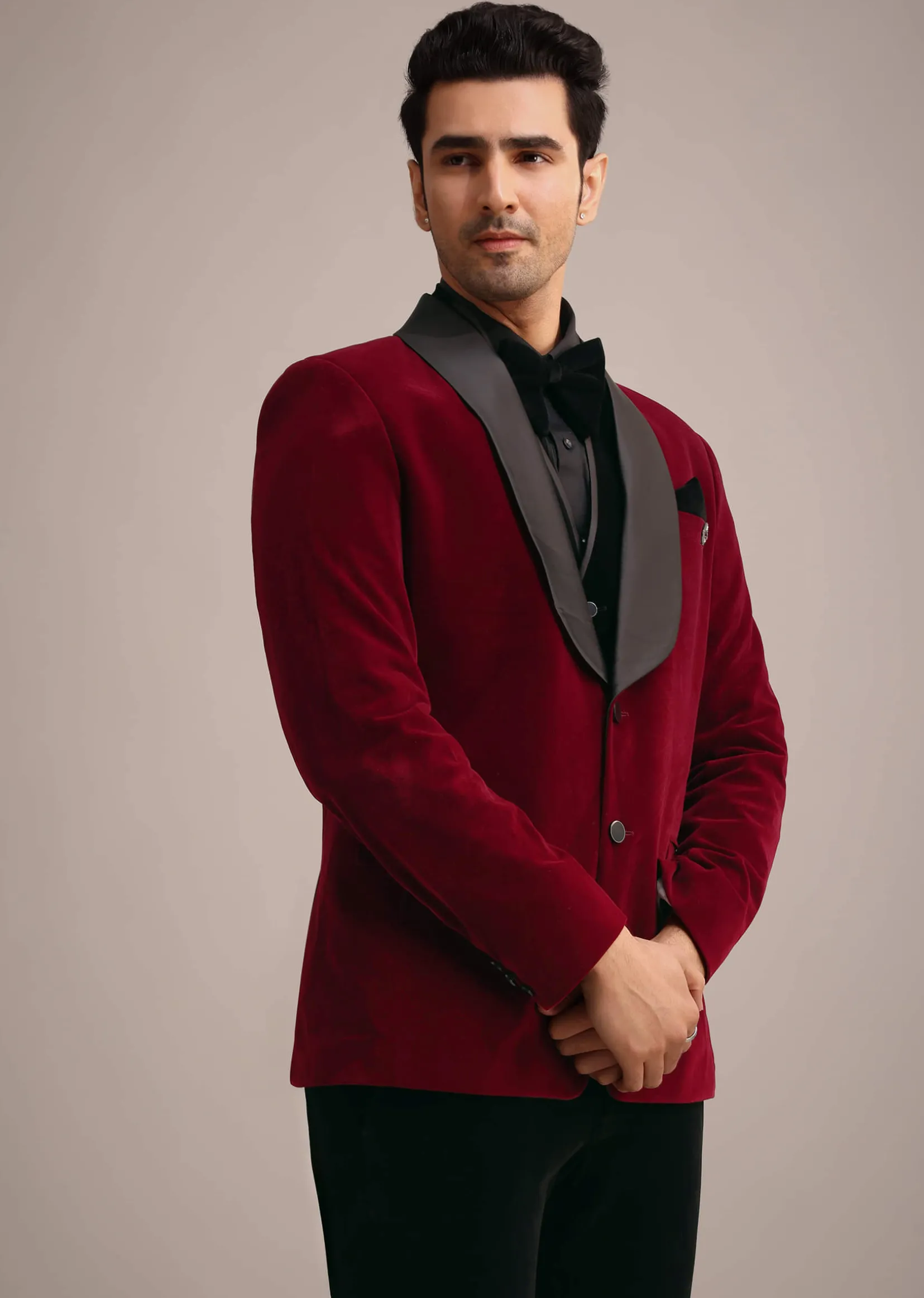 Red Tuxedo Set In Micro Velvet