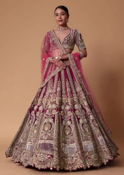 Red Velvet Raw Silk 16 Kali Zardosi Lehenga With Pearl Blouse Set