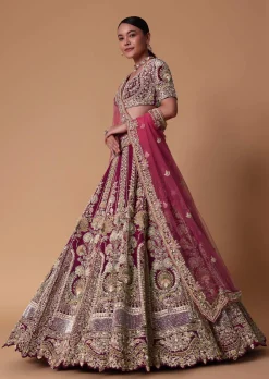 Red Velvet Raw Silk 16 Kali Zardosi Lehenga With Pearl Blouse Set