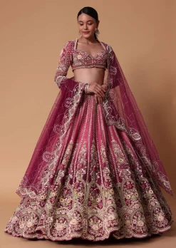 Red Velvet Silk 16 Kali Zardosi Lehenga With Crystal Blouse And Two Dupattas