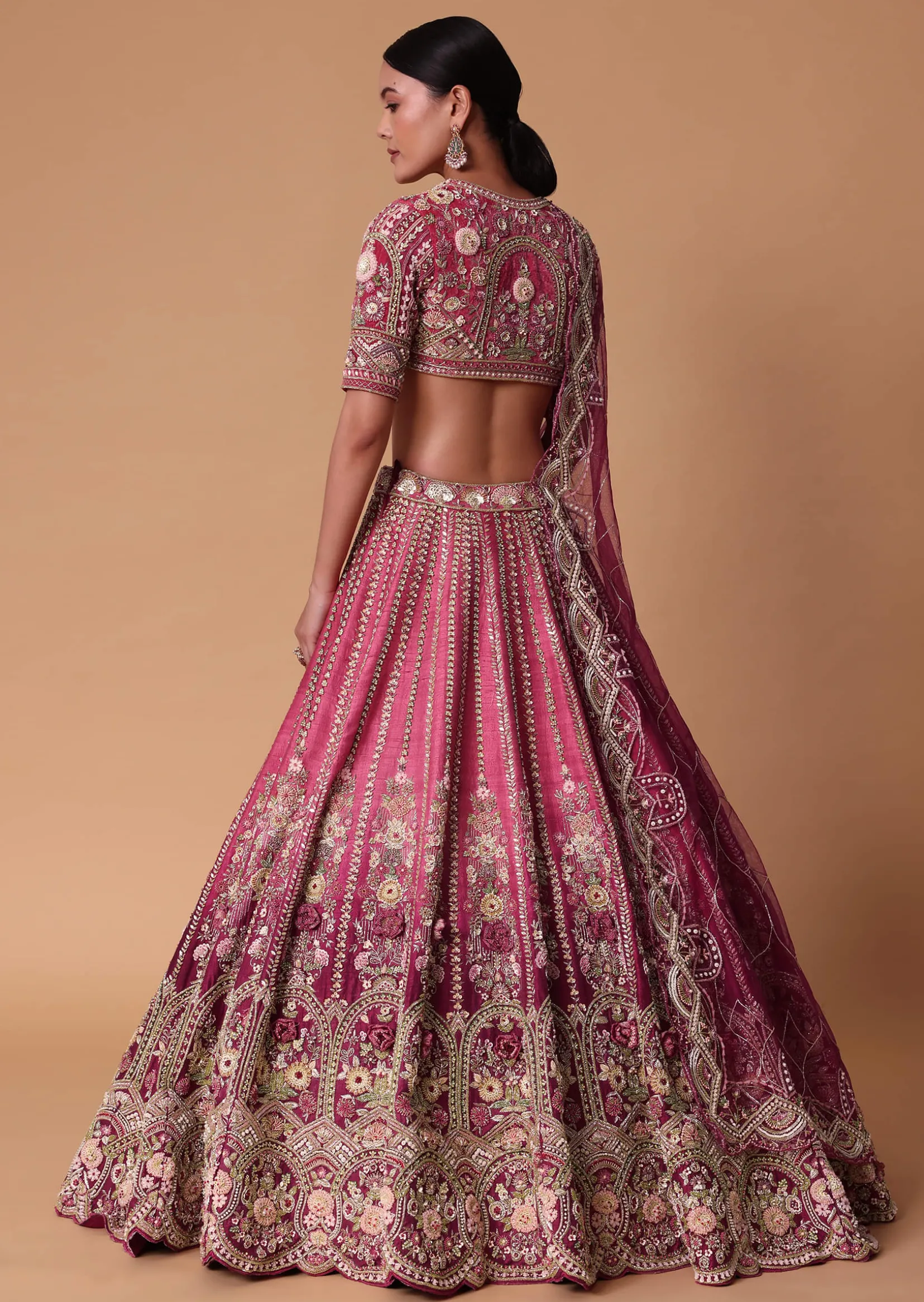 Red Velvet Silk 16 Kali Zardosi Lehenga With Crystal Blouse And Two Dupattas