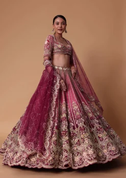 Red Velvet Silk 16 Kali Zardosi Lehenga With Crystal Blouse And Two Dupattas